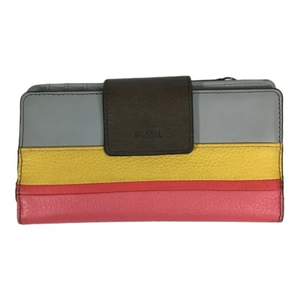 FOSSIL Colorblock Leather Wallet Credit Card Clutch Gray Peach Red & Yellow